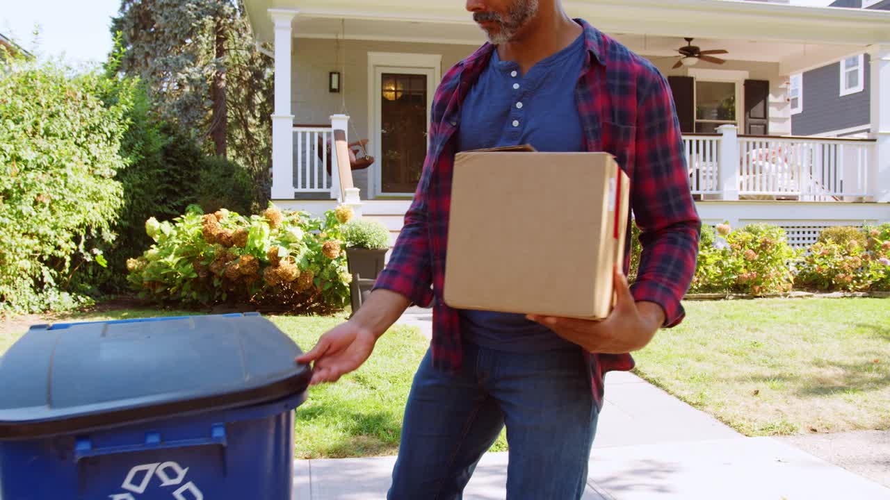 hombre poniendo cartón en el contenedor de reciclaje en una calle suburbana