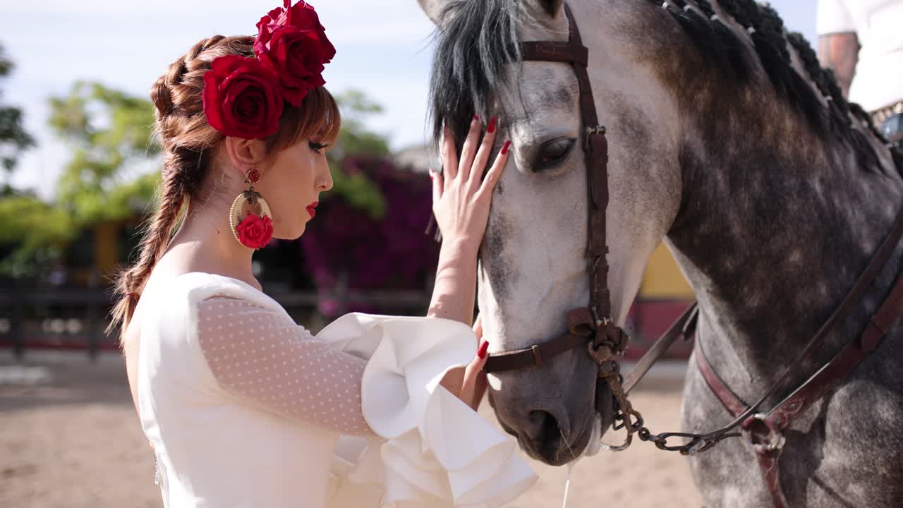 Mujer con traje de flamenca tradicional acariciando suavemente un caballo