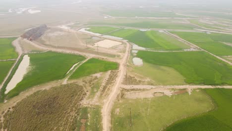 Aerial-footage-of-an-Asian-wet-farmland-with-a-single-electric-power-line,-showcasing-the-beauty-of-rural-countryside