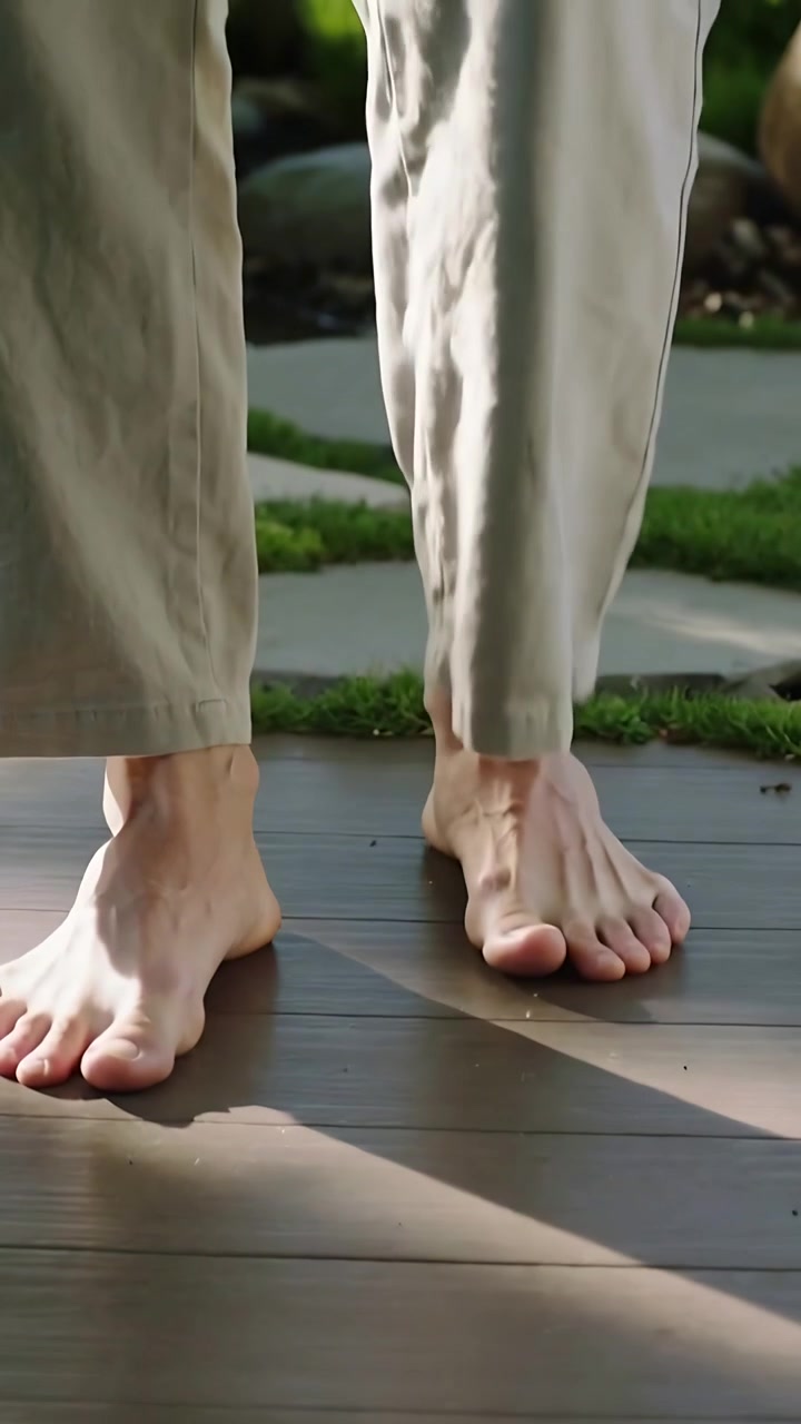 Vertical video: Lifting foot, barefoot in light pants stepping on wooden deck near garden balancing