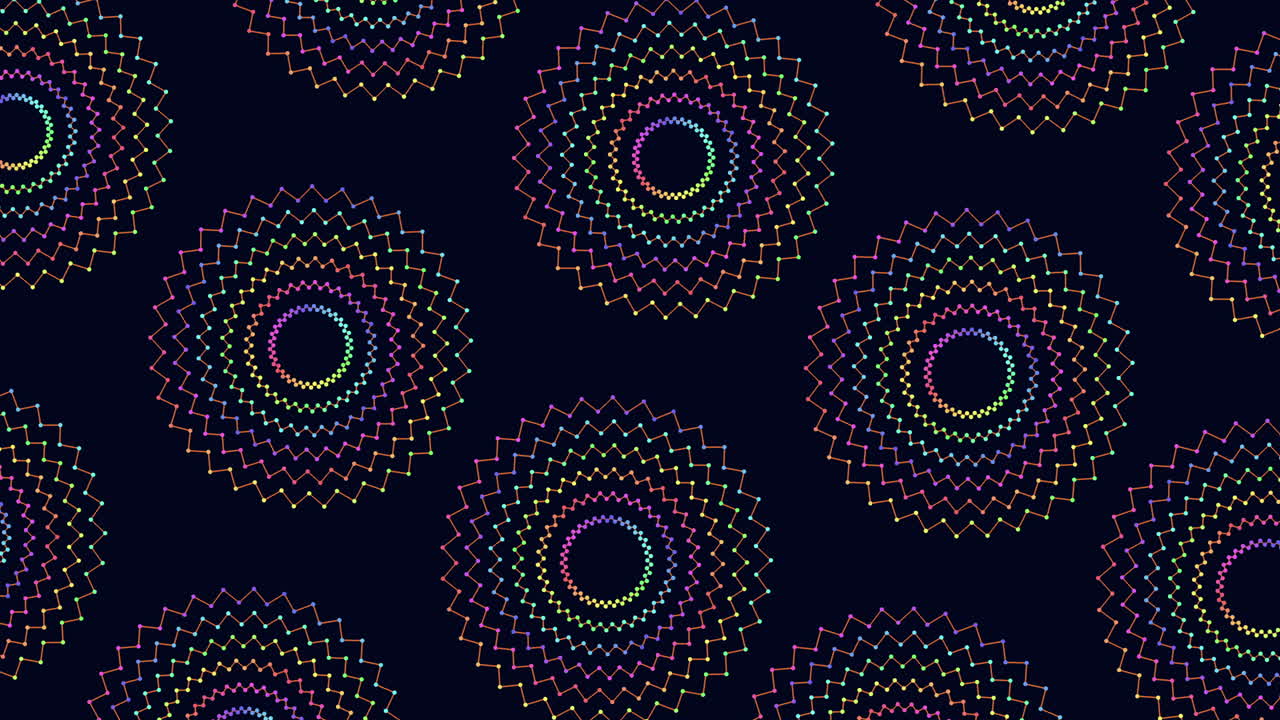 Motivo a spirale vivace di cerchi multicolori su sfondo nero