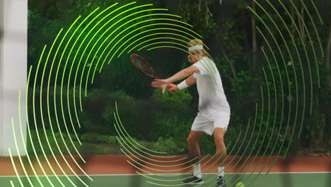 animation of green line spiral rotating over male tennis player hitting ball during match