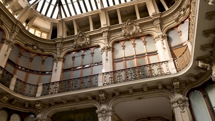 Ripresa rotante di una sontuosa sala italiana con dettagli e messa a fuoco sulla modanatura a corona.