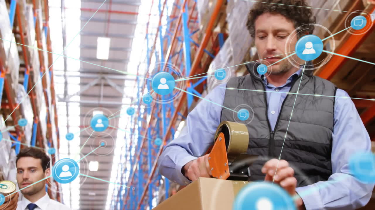 animación de la red de conexiones con iconos sobre diversas personas que trabajan en el almacén
