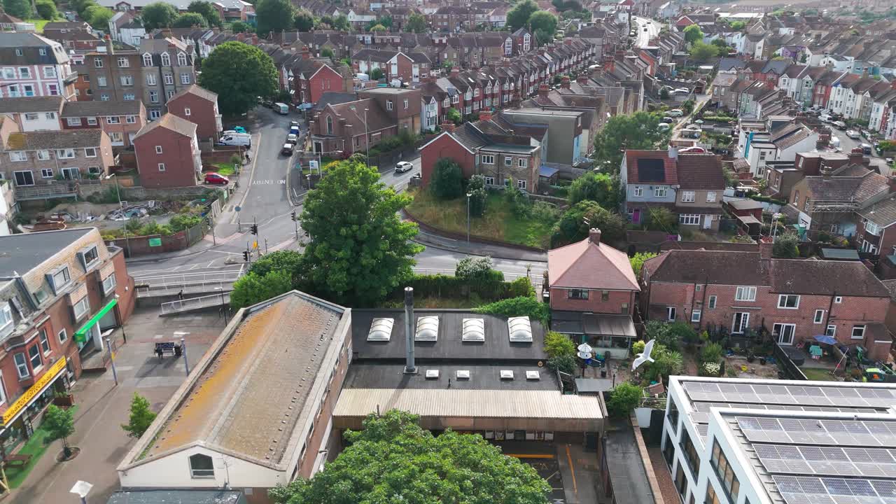 Aerial View of a Residential Town Area with Houses and Streets