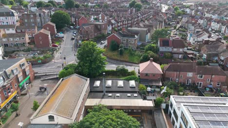 aerial view of a residential town area with houses and streets
