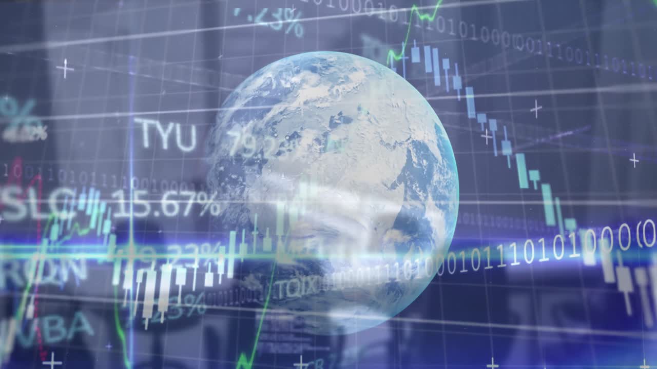 주식 시장 데이터 처리는 배경에서 비어있는 사무실에 대해 회전하는 지구를 통해