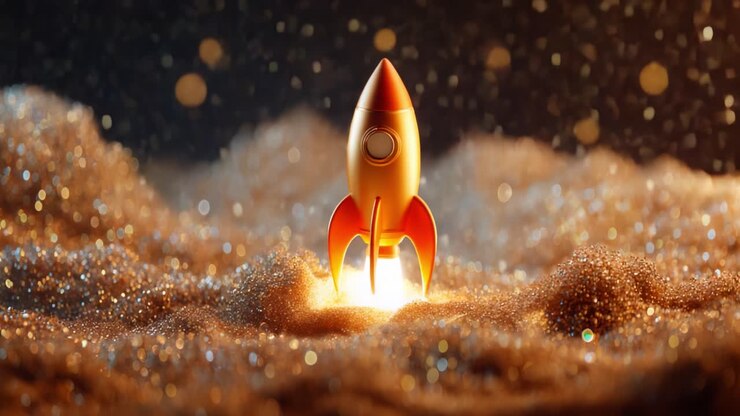 A whimsical golden rocket launching from a shimmering, sandy surface, surrounded by a mesmerizing backdrop of sparkles and magical light reflecting the essence of adventure and exploration
