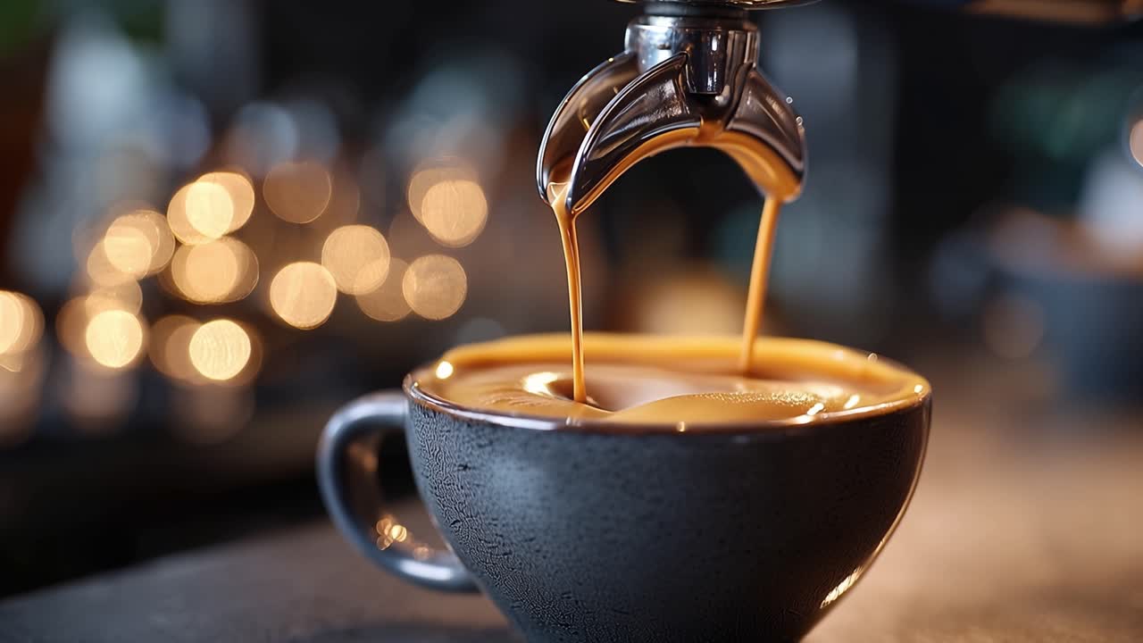 Kaffe drypper varmt ned i en mørk keramisk kopp. Myke bokeh-lys gløder forsiktig i bakgrunnen. Varme strømmer fra maskinen til koppen. Et rolig, stille øyeblikk på en koselig kafé. Ideell for morgenrutiner eller rolige scener