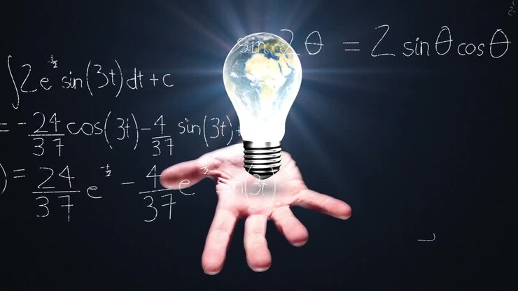 Holding glowing light bulb with Earth and animation of mathematical equations