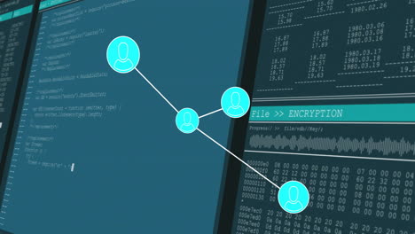 animation of data processing over screens and connections