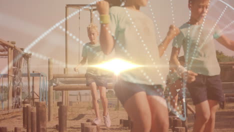 navigating obstacle course, children with digital network animation overlay in school