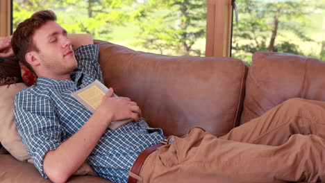 hombre joven guapo relajándose en su sofá con un libro