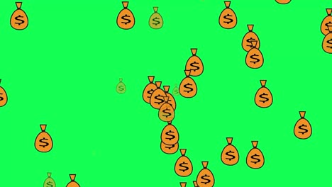 video of money bag falling like rain on green background, good for profit illustration. 4k 60 fps