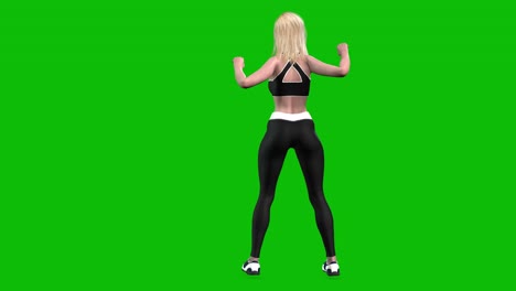 atleta femenina en 3d con traje deportivo, ropa deportiva negra ajustada, realizando estiramientos en pantalla verde, animación en bucle en 3d, vista trasera