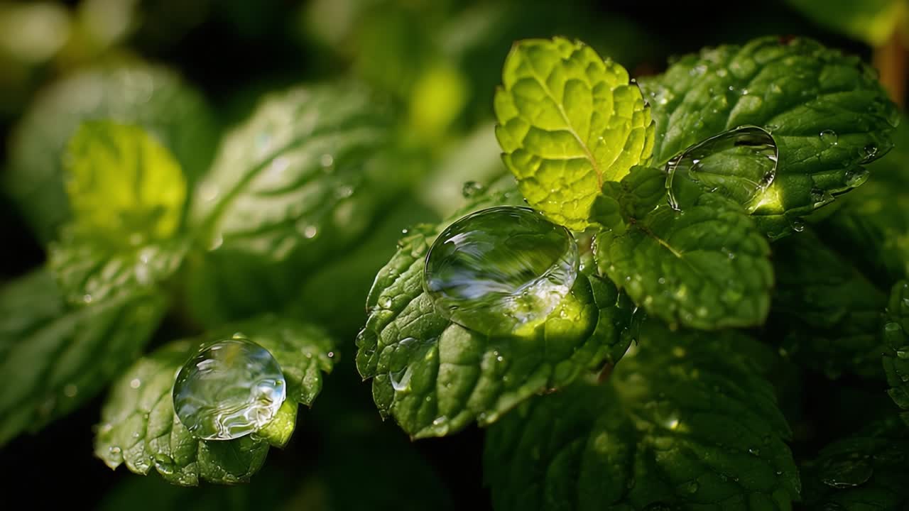 Captivating Close-Up of Mint Leaves Sparkling with Morning Dew Drops, Showcasing Nature's Beauty and Freshness in Vibrant Green Hues and Lush Textures