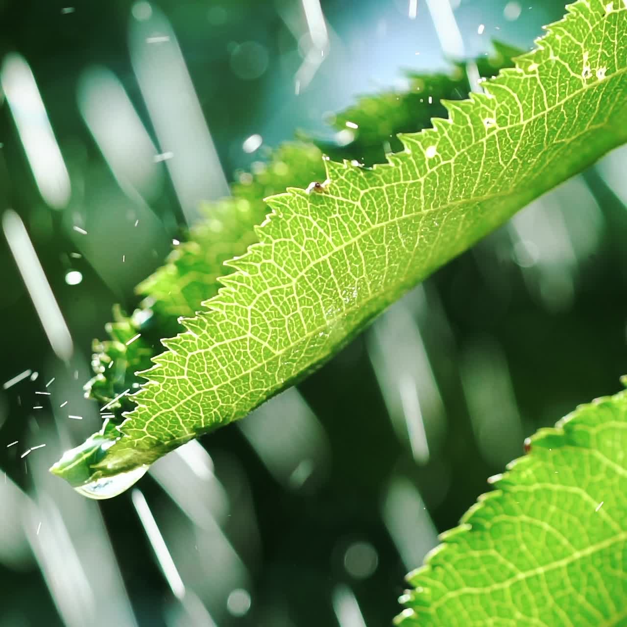Rain Falling On Leaves. Water Drops on Leaf Surface. Slow motion.