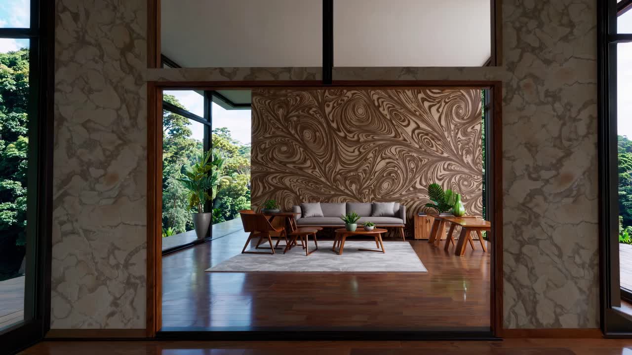 Wide-angle video frame of a modern living room with artistic wall design, large windows, and wooden