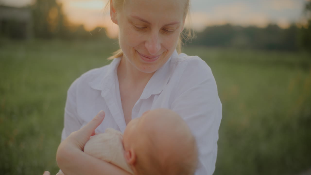 Close-up of Happy Woman with Newborn Son at Sunset