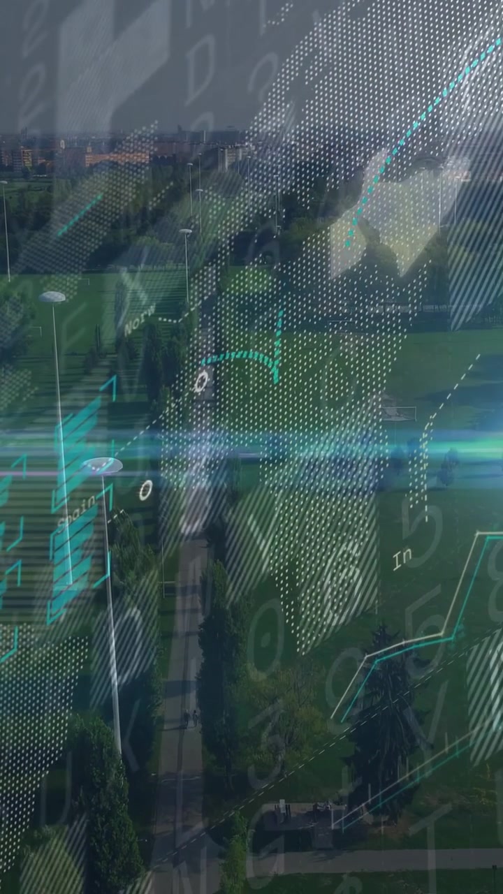 Vertical video: Camera holding high view, data overlay growing, animating charts, showing movement