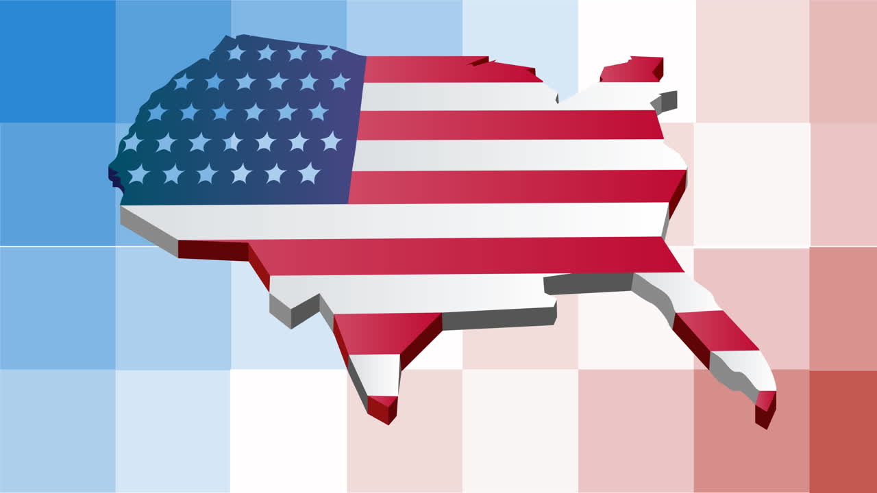 Animazione di una mappa degli Stati Uniti con la bandiera americana su pixel rossi, bianchi e blu.