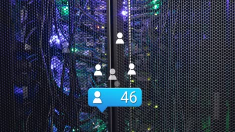 Animation-of-profile-icon-with-number-increasing-over-data-server-rack