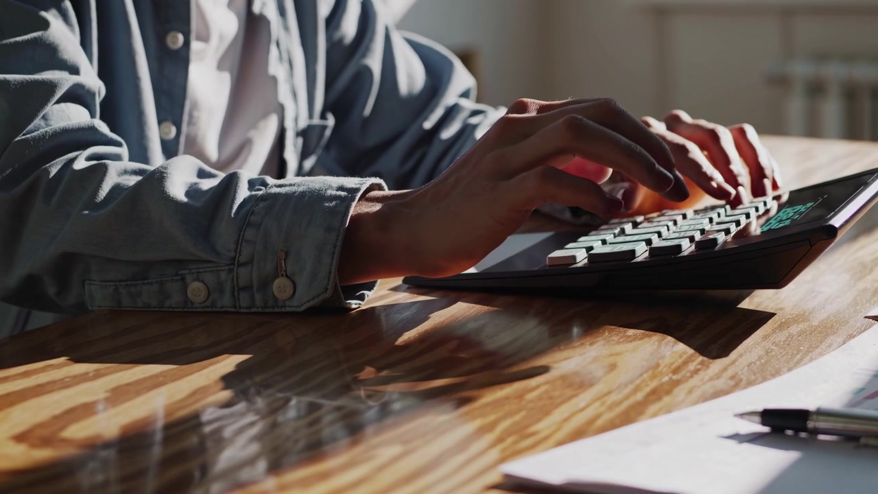Person Using Calculator on Wooden Desk in Sunny Office