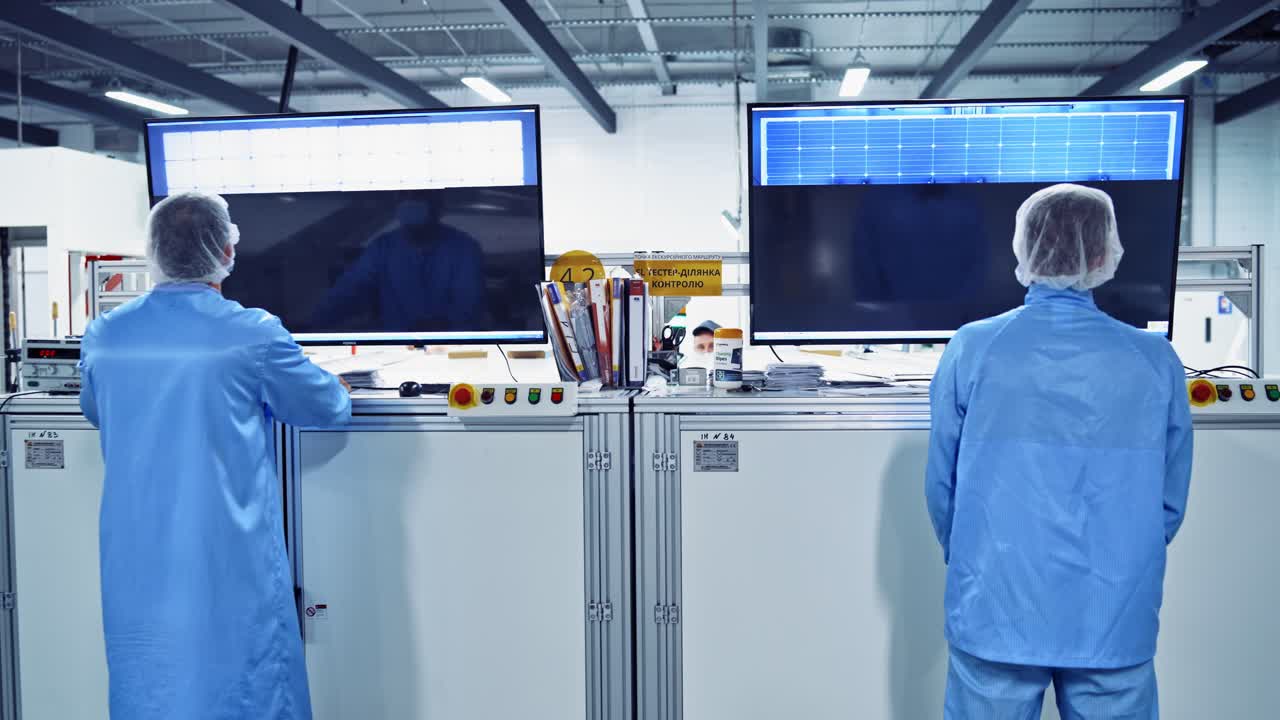 Modern manufacturing background. Workers in protective clothing inside the industrial factory. Specialists look at computer monitors at advanced factory.