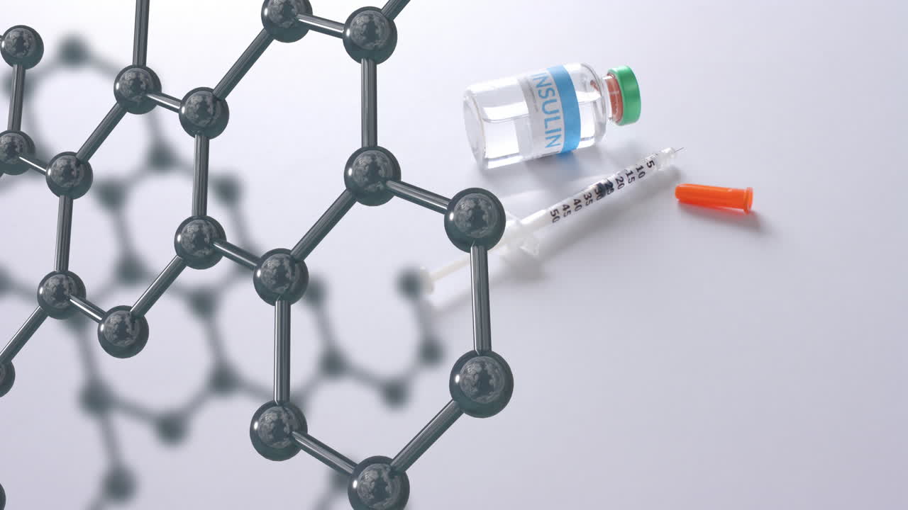 modelo de estructura molecular sobre la jeringa y el vial de vacuna sobre fondo blanco