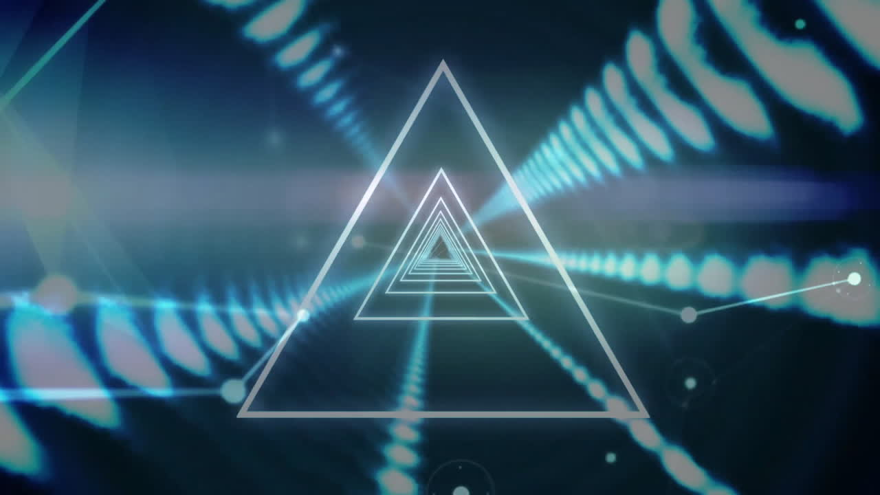 Geometric triangle animation over abstract blue and green light patterns