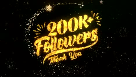 200k followers greeting and wishes card made from glitter particles and sparklers light dark night sky with colorful firework 4k background.