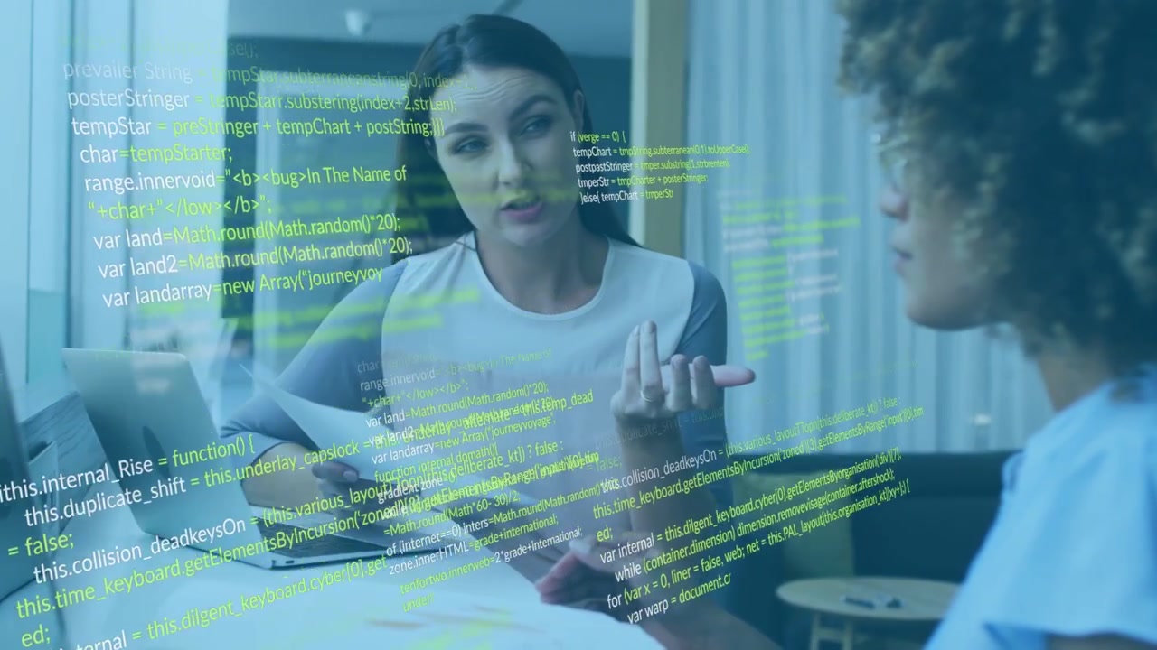 Lead woman pointing docs and guiding tech discussion, laptop showing drifting green code overlay