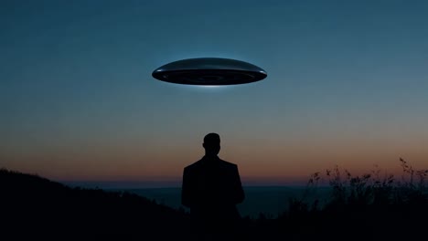 man looking up at a ufo in the sky