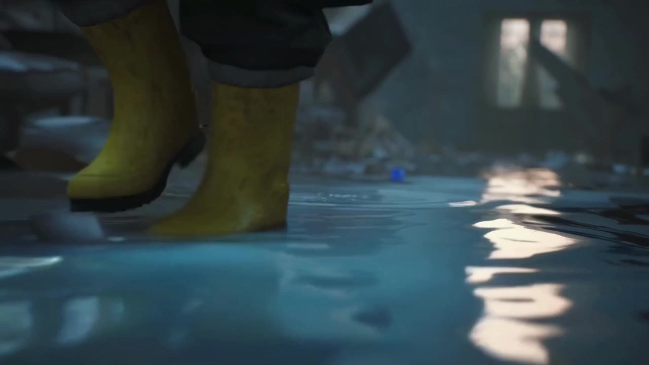 Person in Yellow Rain Boots Walking Through Flooded Room