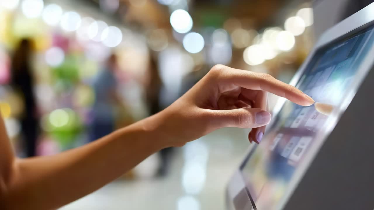 Engaging with Touchscreen Technology: Capturing the Moment of Interaction at an Interactive Kiosk, Showcasing User Experience and Digital Interface in a Lively Environment