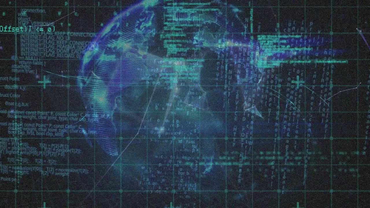 Animation of globe over data processing on black background