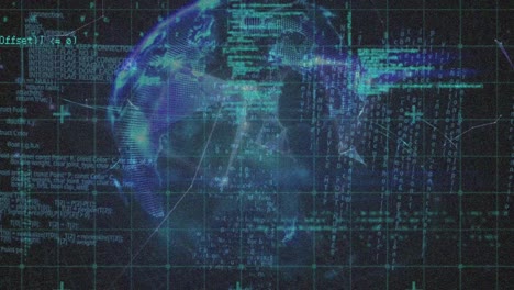 animation of globe over data processing on black background