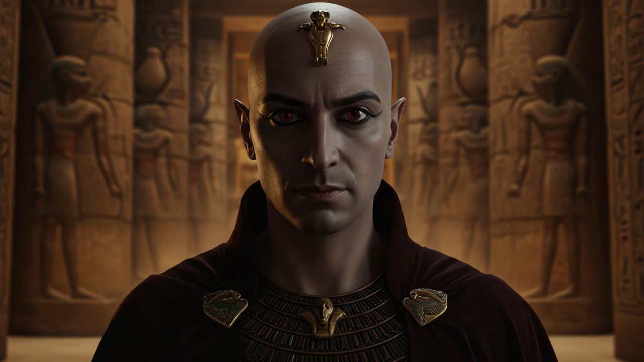 A Mysterious Ancient Figure Stands Proudly in a Hollowed Tomb, Evoking the Enigma of a Forgotten Era with Striking Features and Captivating Presence