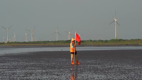 person with red flag surveying wind turbines in a wetland