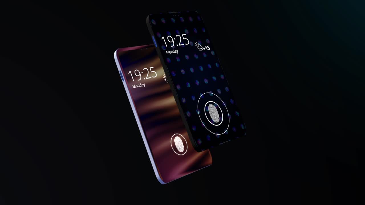 검은색 배경에 지문 스캐너가 있는 두 개의 스마트폰