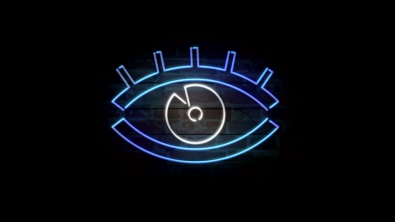 Icona occhio al neon su muro di mattoni