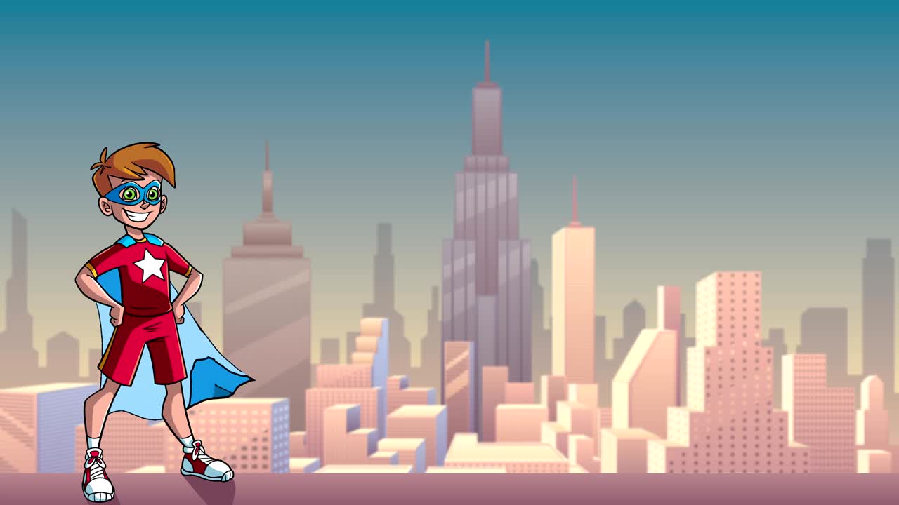 Sfondo di città con un piccolo supereroe.