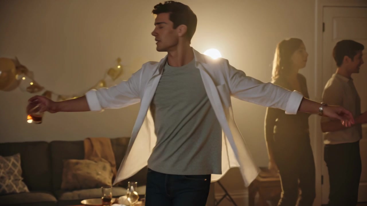 Musica che inizia, uomo che balla in camicia chiara aperta che gira per il soggiorno, offrendo un bicchiere