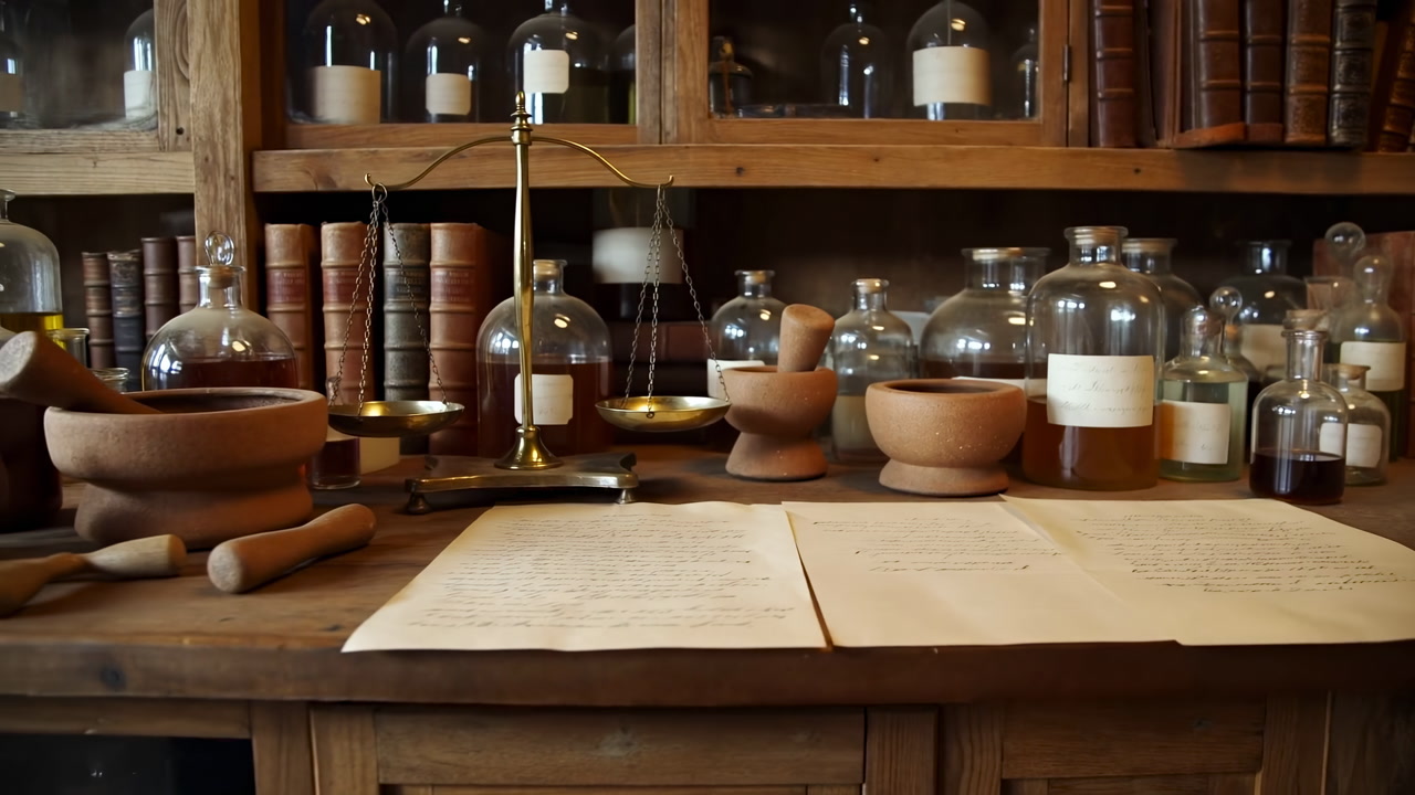 Rustic Apothecary Table With Glassware, Mortar And Pestle, Brass Balance Scale, Parchment Ledgers And Wooden