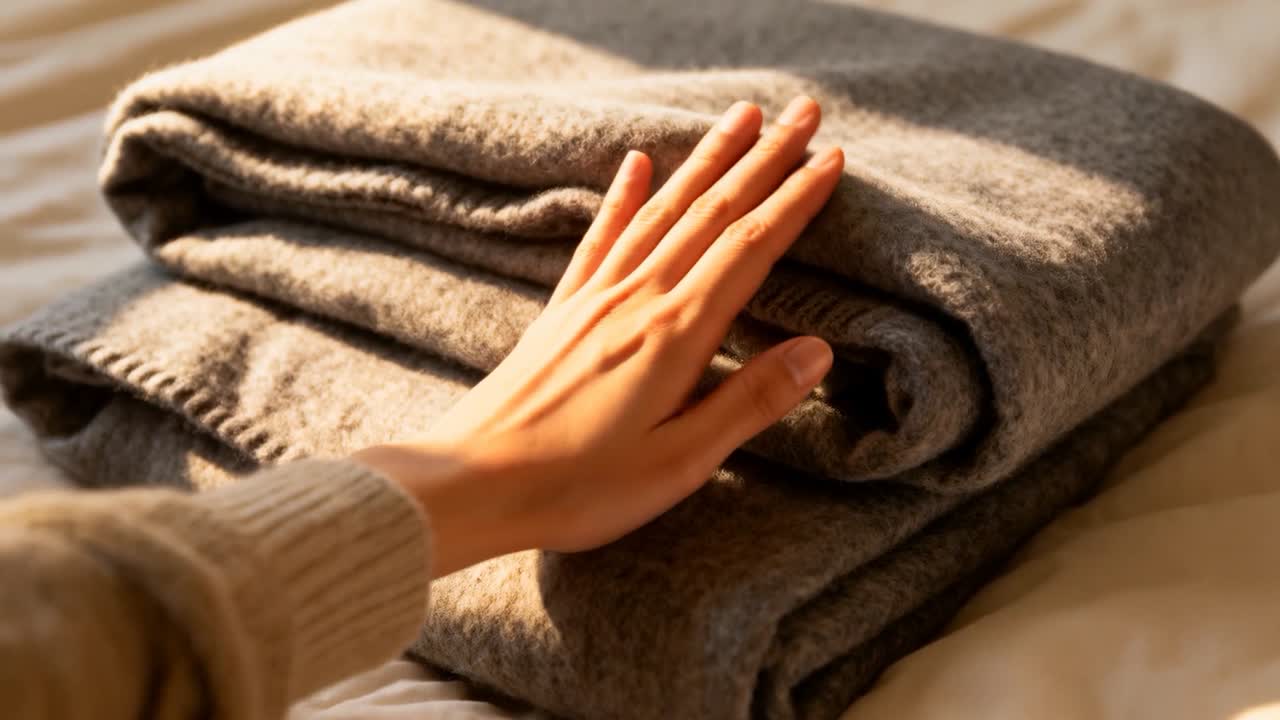 Avvicinamento della mano destra che accarezza e liscia una coperta di lana grigia piegata sul letto, con manica in maglia