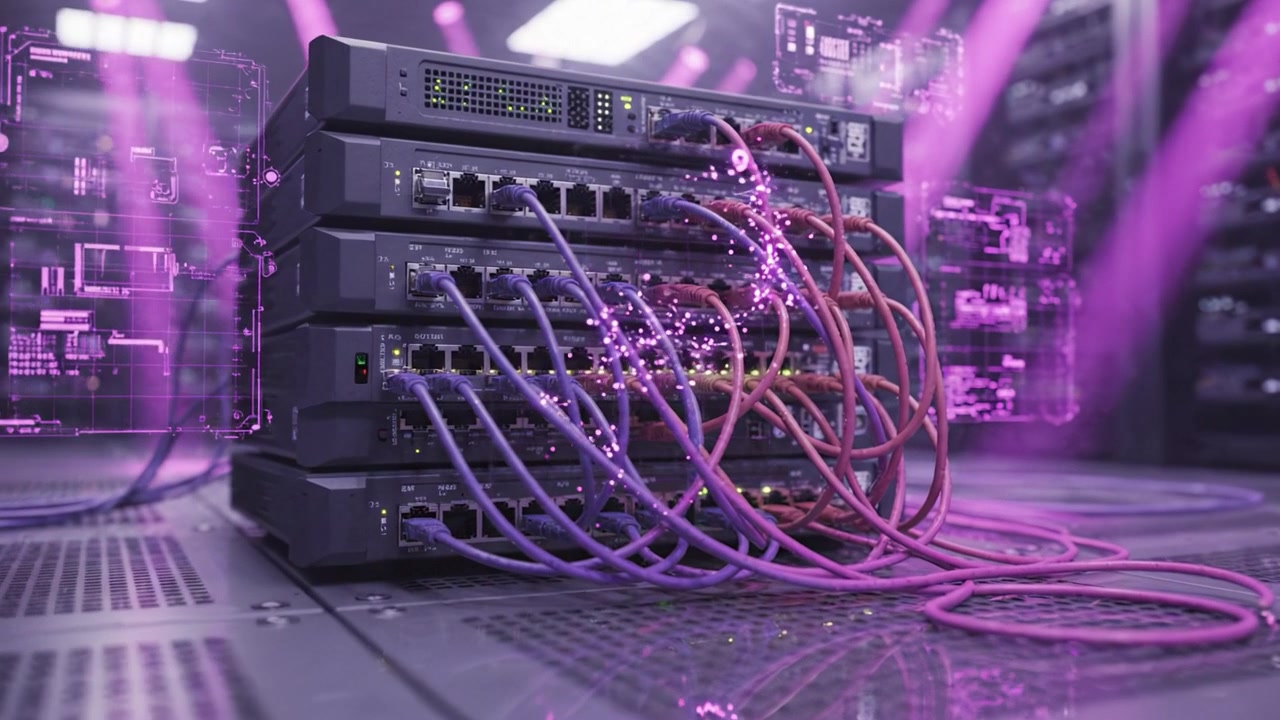 Advanced Data Center Setup Featuring Network Switches with Colorful Cables and Dynamic Light Effects Creating a High-Tech Environment
