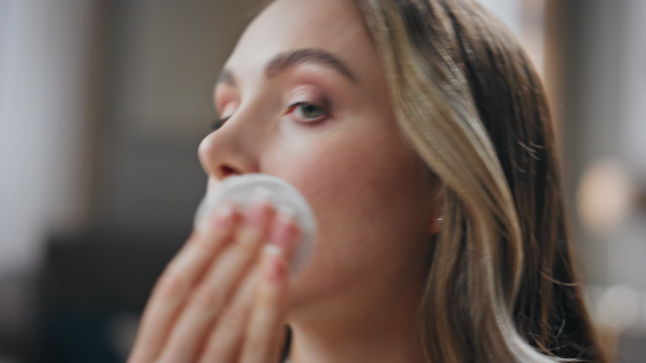 Woman using cotton pad for skincare