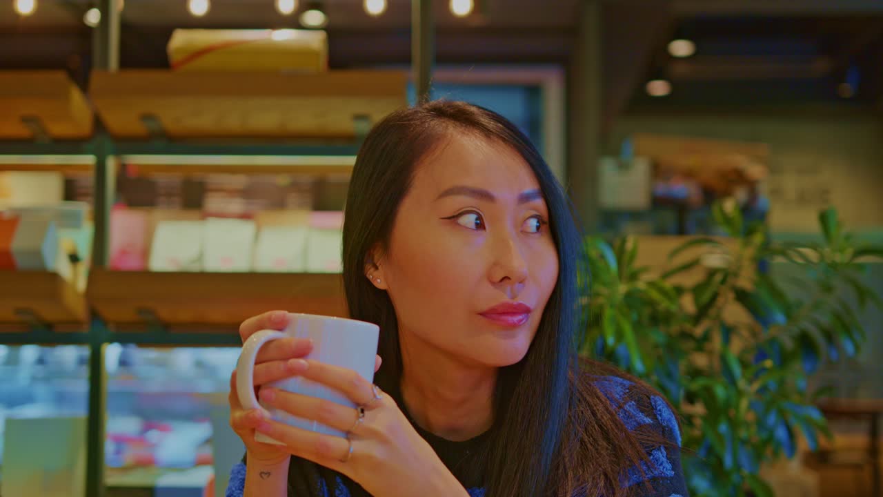 얼굴만 얼굴과 얼굴을 마시는 음료 한 잔과 함께 카페 레스토랑에서 아름다운 아시아 동양 여성 여자 여자 모델