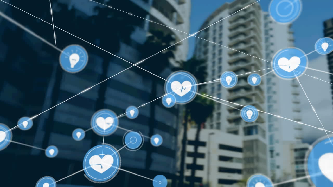 Animação de rede de conexões com ícones sobre um edifício moderno
