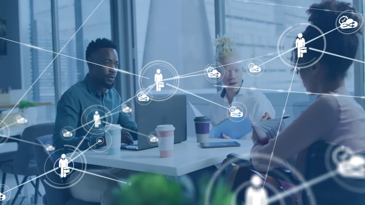 Network of connections and data processing animation over diverse team collaborating